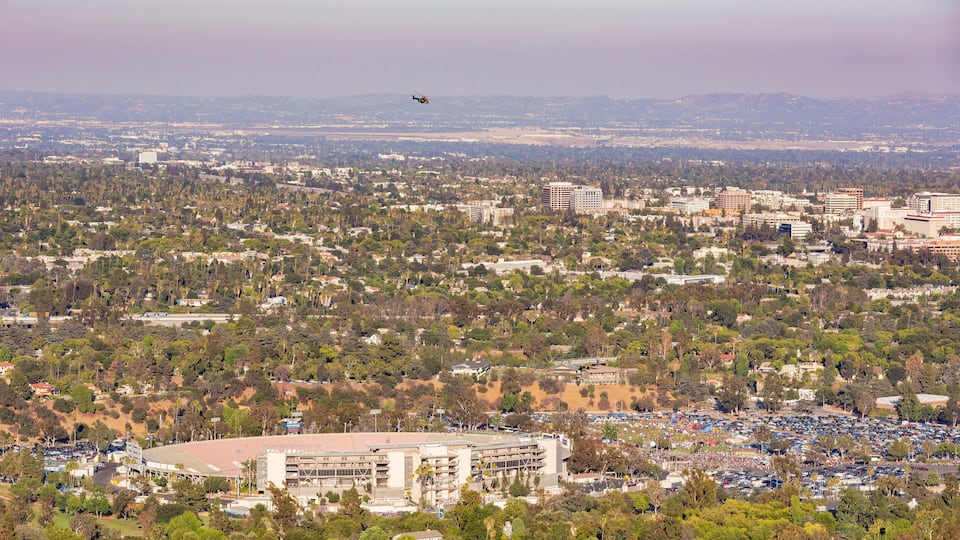 High angle view of the beautiful Rose Bowl Stadium, downtown cityscape