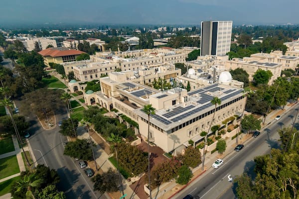 Aerial view of the California Institute of Technology (Caltech) campus in Pasadena, California, USA. The photo showcases the campus architecture and layout.