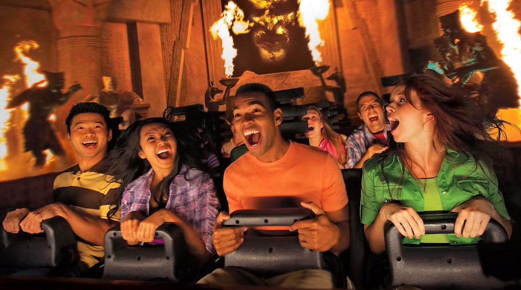 Universal Studios Hollywood featuring rides as well as a small group of people
