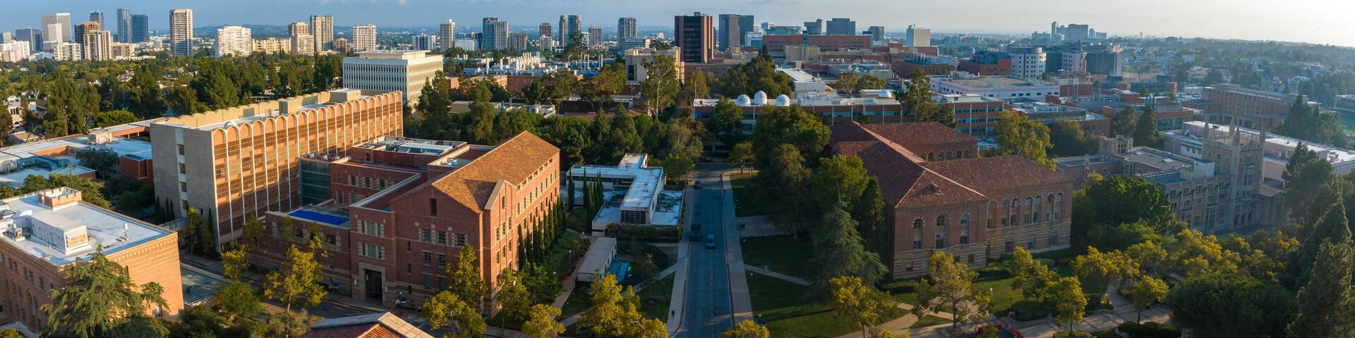 Panoramic early morning view of a serene university campus, blending historic brick buildings with modern high-rises, surrounded by lush greenery and distant ocean vistas.