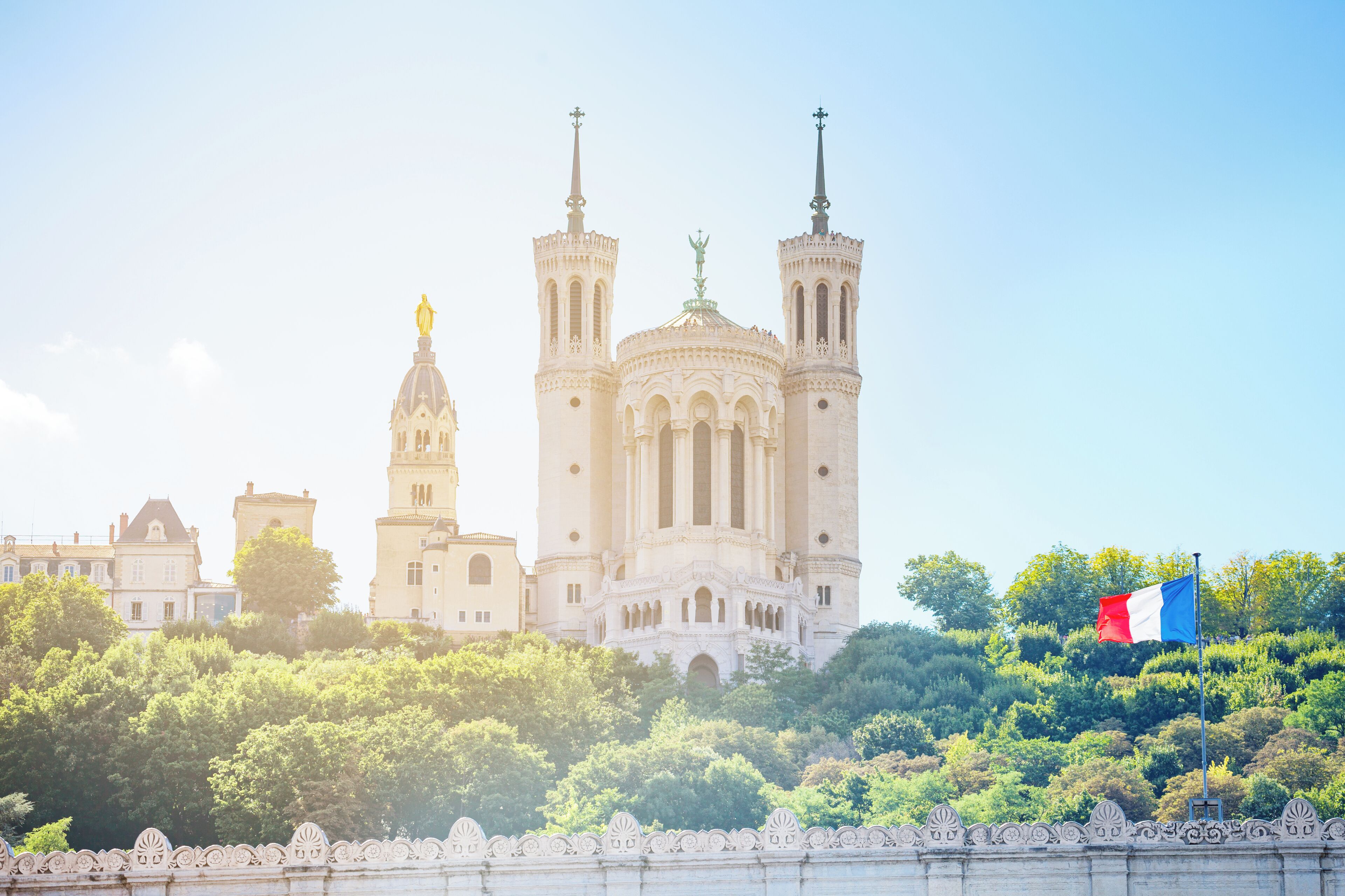 Facade of the Basilica of Notre-Dame de Fourviere at sunny day in Lyon, France