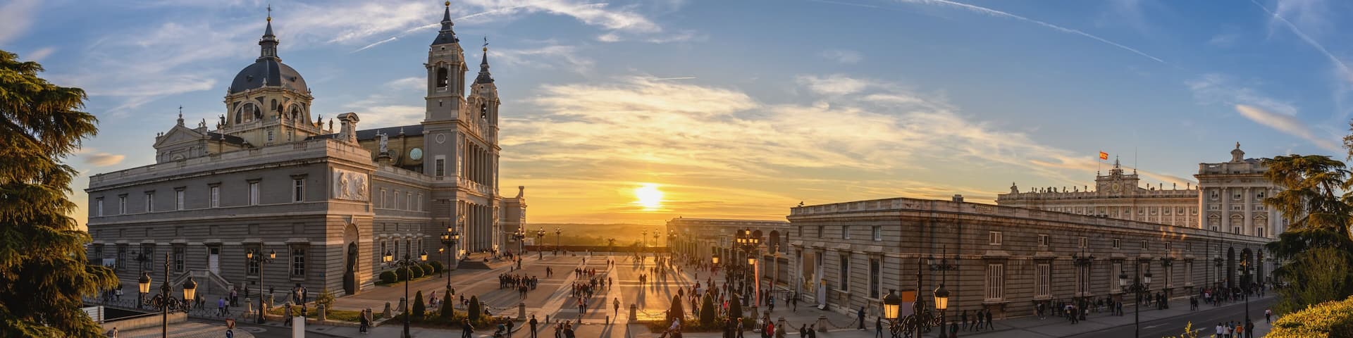 Madrid Spain panorama city skyline sunset at Cathedral de la Almudena