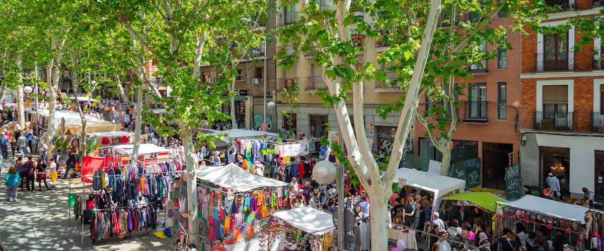 El Rastro showing street scenes and markets as well as a small group of people