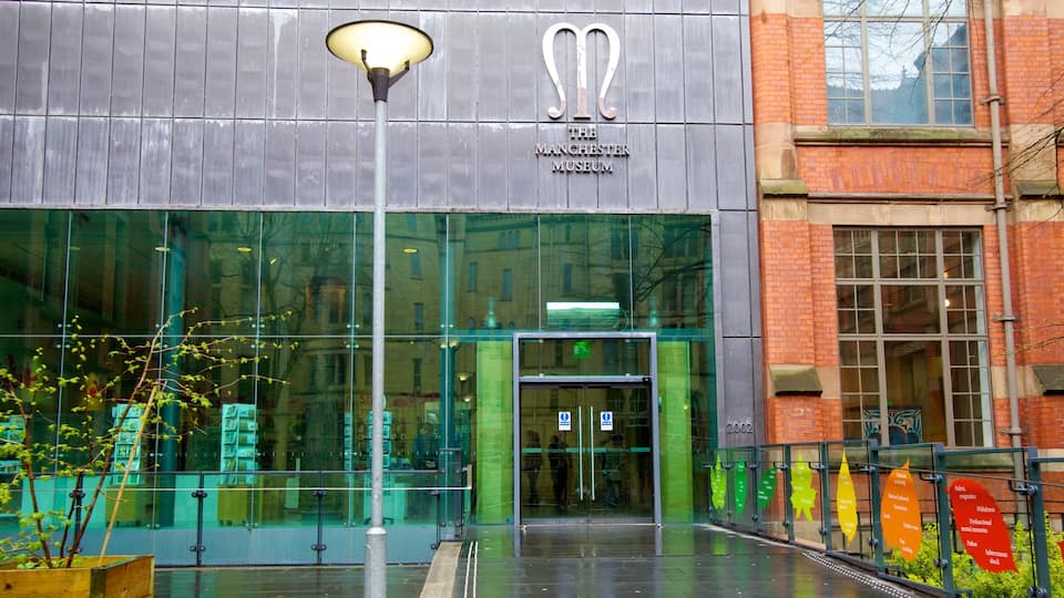 The entrance to The Manchester Museum with a modern glass facade and a traditional brick building to the right.