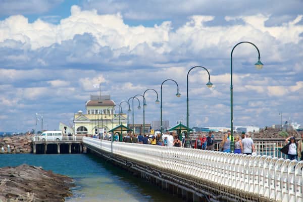 St Kilda Pier which includes a bay or harbour and heritage elements as well as a small group of people