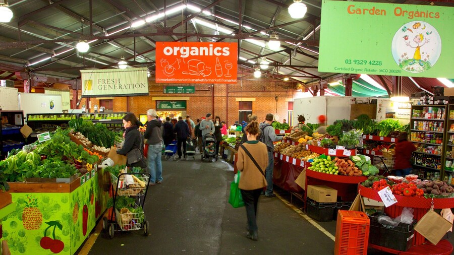 Queen Victoria Market featuring markets, food and interior views