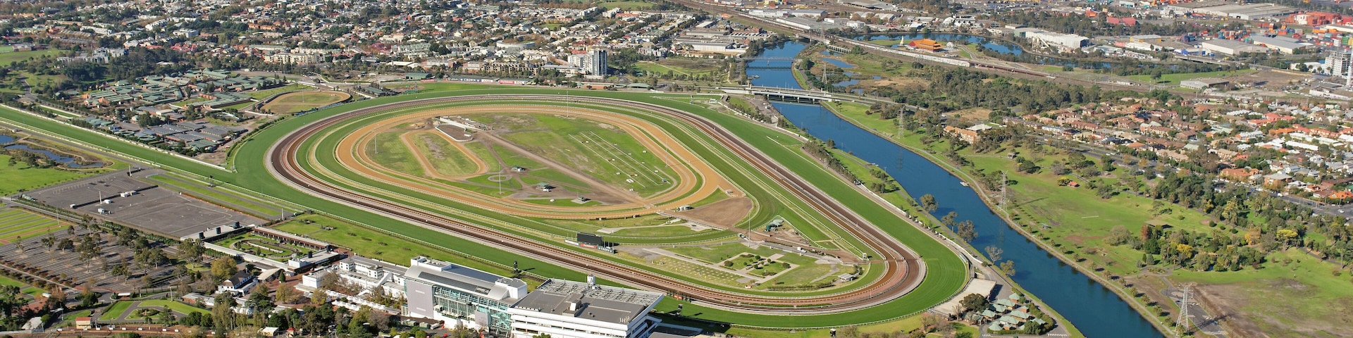 Aerial view of Flemington Racecourse with Melbourne CBD in background (Victoria, Australia)