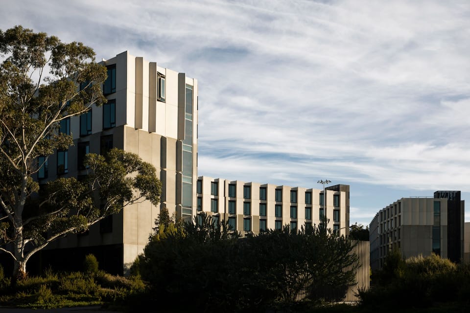 A modern building with a flat roof, surrounded by trees and shrubs.