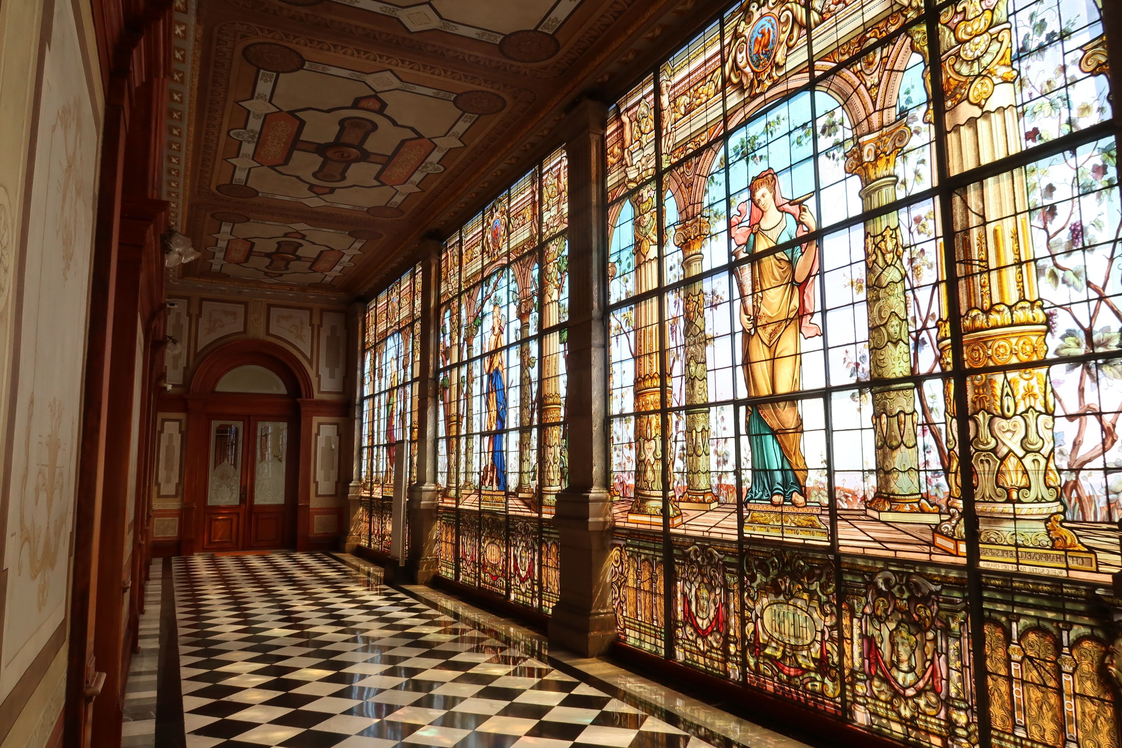 An entire hallway with stained glass windows at the Chapultepec Castle/Castillo de Chapultepec, Mexico City