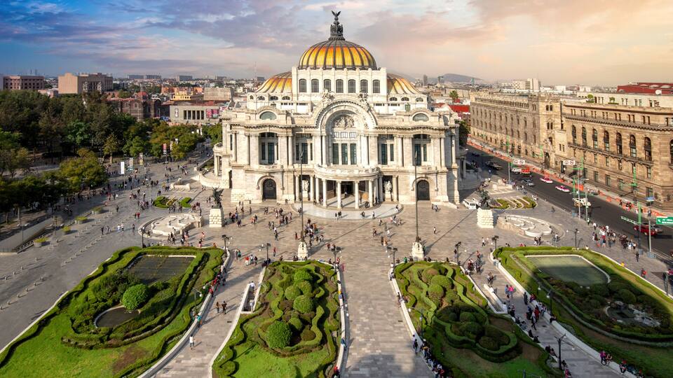 Landmark Palace of Fine Arts (Palacio de Bellas Artes) in Alameda Central Park near Mexico City Zocalo Historic Center.
