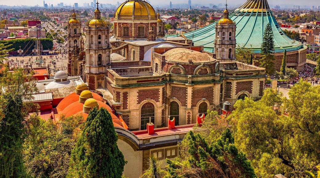 Mexico. Basilica of Our Lady of Guadalupe. The old and the new basilica, cityscape of Mexico City on the far