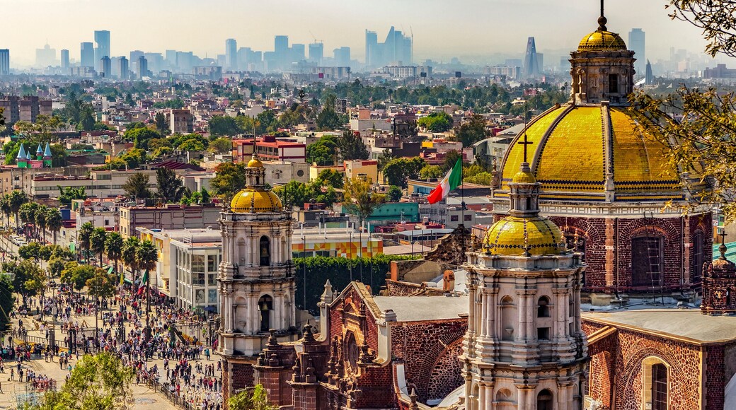 Mexico. Basilica of Our Lady of Guadalupe. The old basilica and cityscape of Mexico City on the far