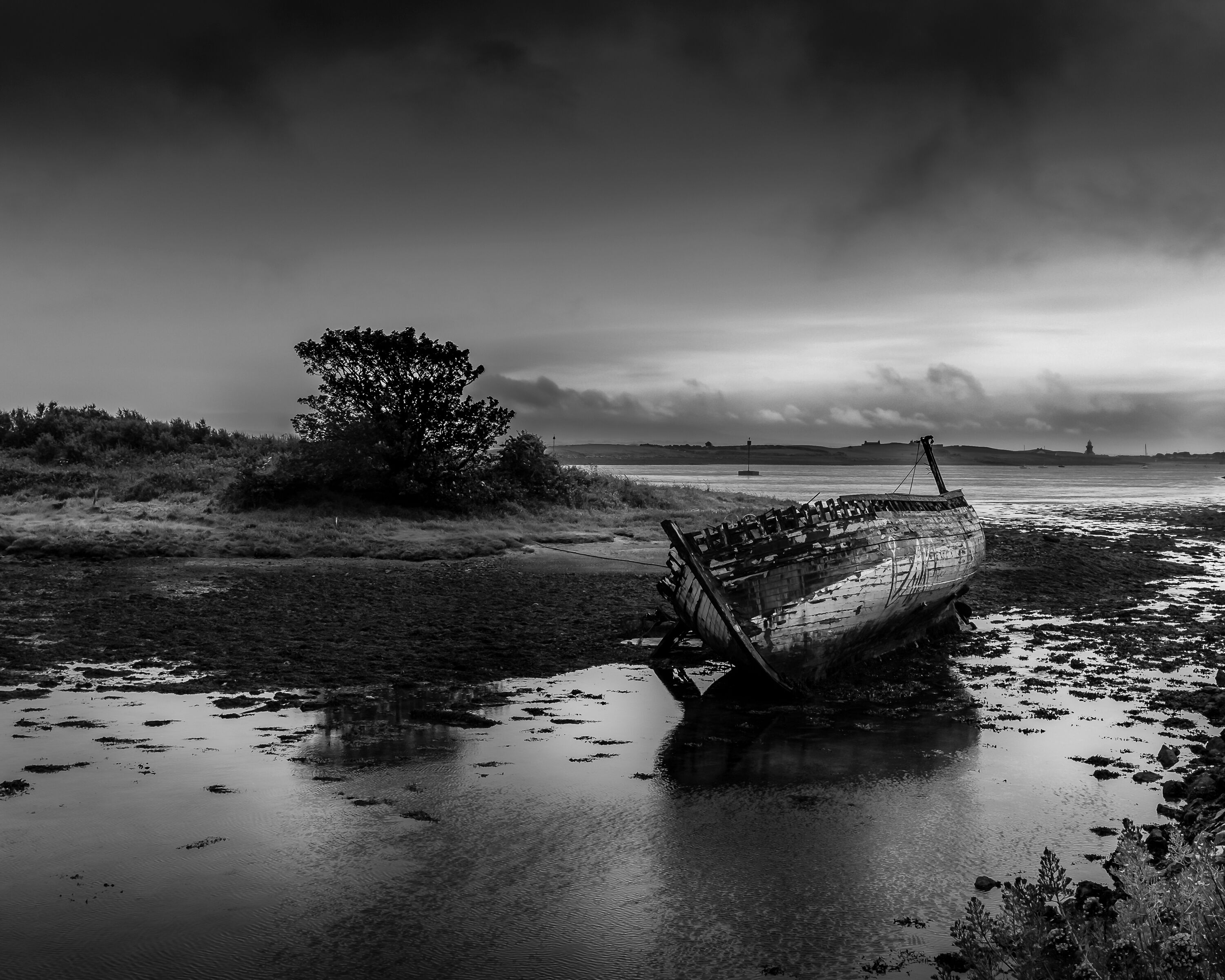 A weathered boat stranded on a muddy shore with a solitary tree and distant hills under a cloudy sky.