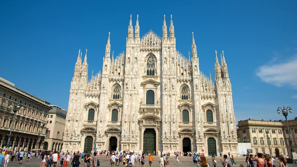 Cathedral of Milan showing a church or cathedral, heritage architecture and a square or plaza