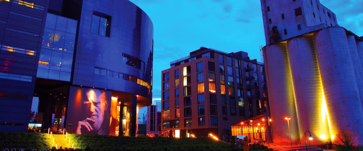 Guthrie Theater featuring modern architecture, a city and night scenes