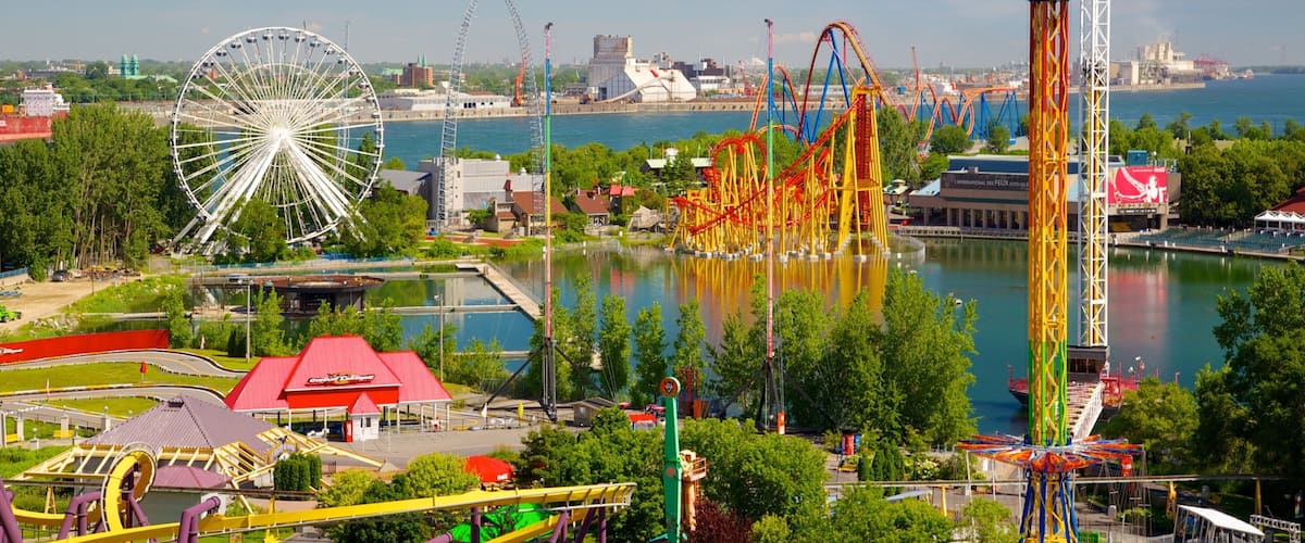 A theme park with a Ferris wheel, roller coasters, and a tall tower.