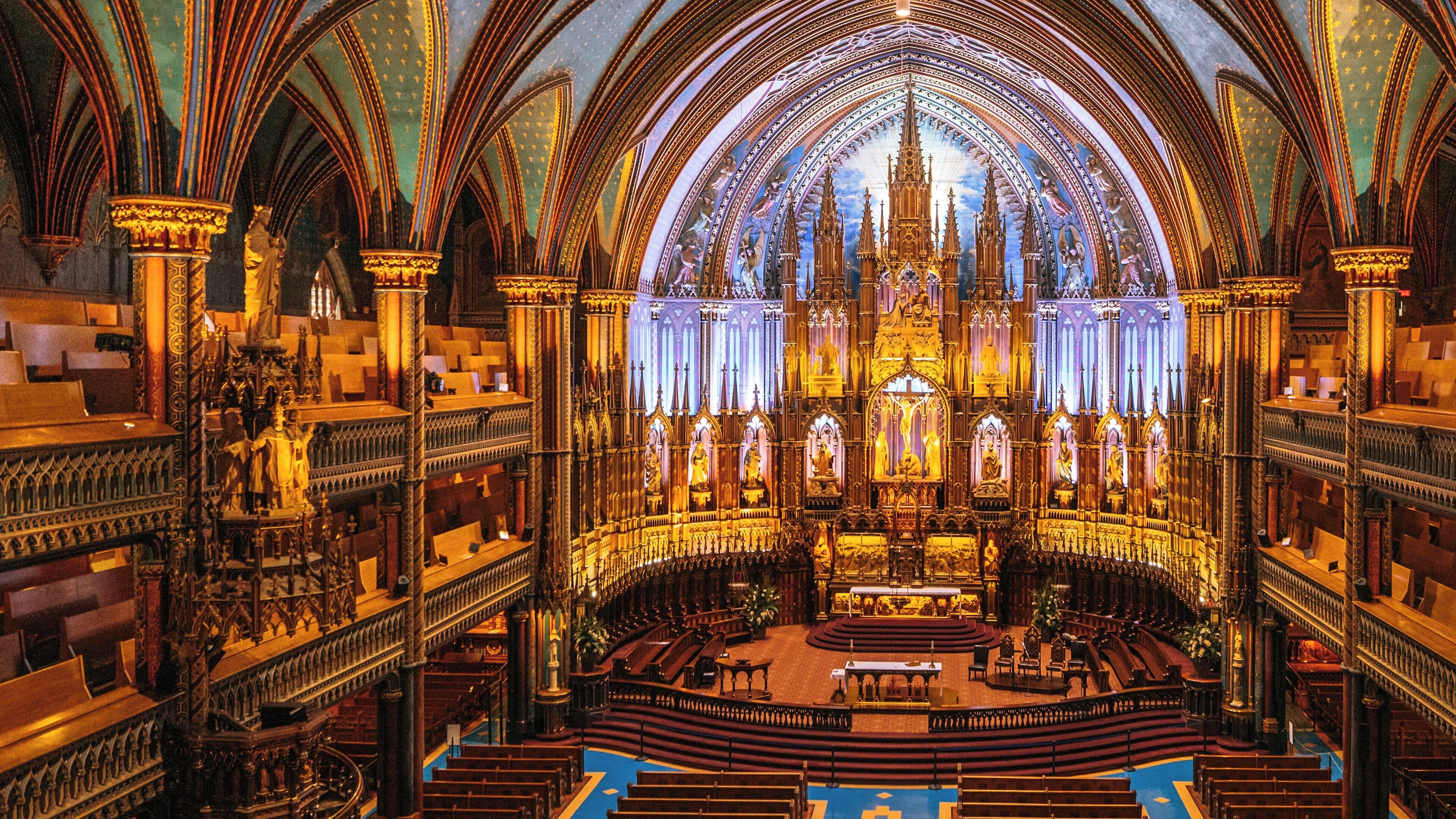 Historic architecture of Notre Dame Basilica showcases stunning interior details in Old Montreal, Quebec, Canada
