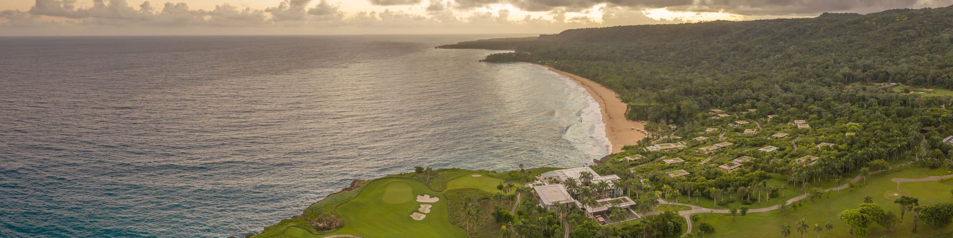 Aerial view of Rio San Juan coastline and golf course on a beautiful paradise island at sunset, Maria Trinidad Sanchez, Dominican Republic.