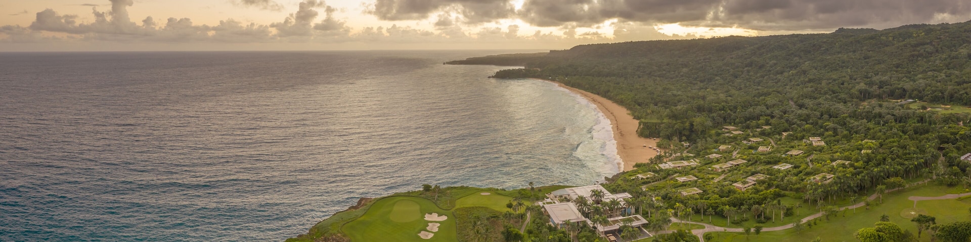 Aerial view of Rio San Juan coastline and golf course on a beautiful paradise island at sunset, Maria Trinidad Sanchez, Dominican Republic.