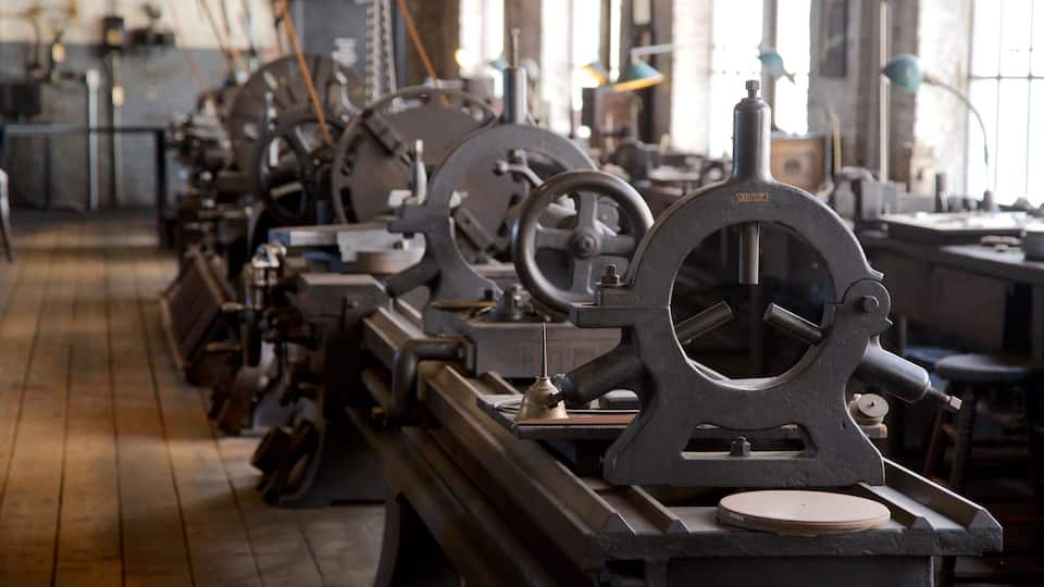 A workshop with machinery and tools.