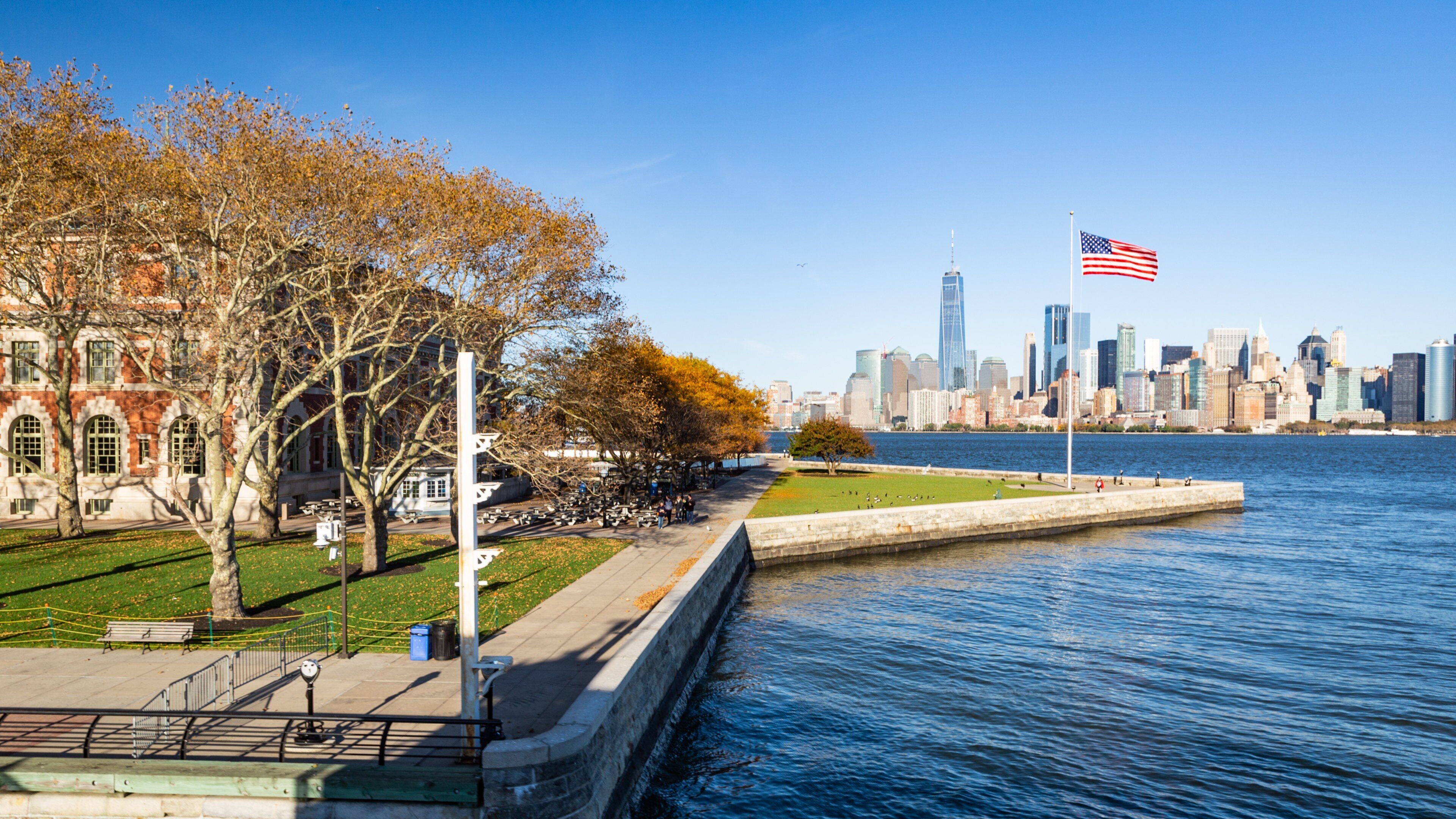 Ellis Island featuring a bay or harbor and a park
