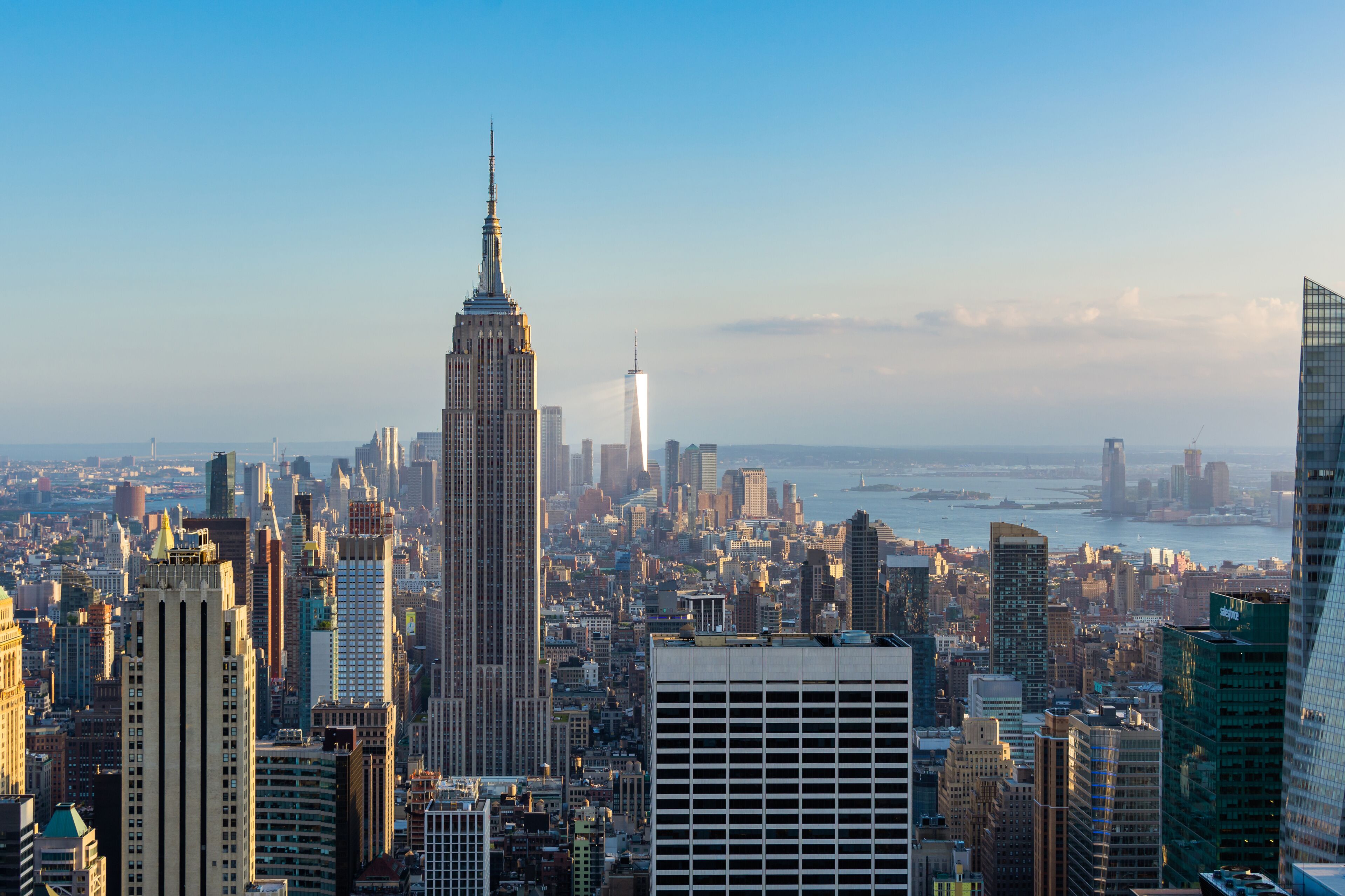 New York city view of Downtown with Empire state building and  One World trade center