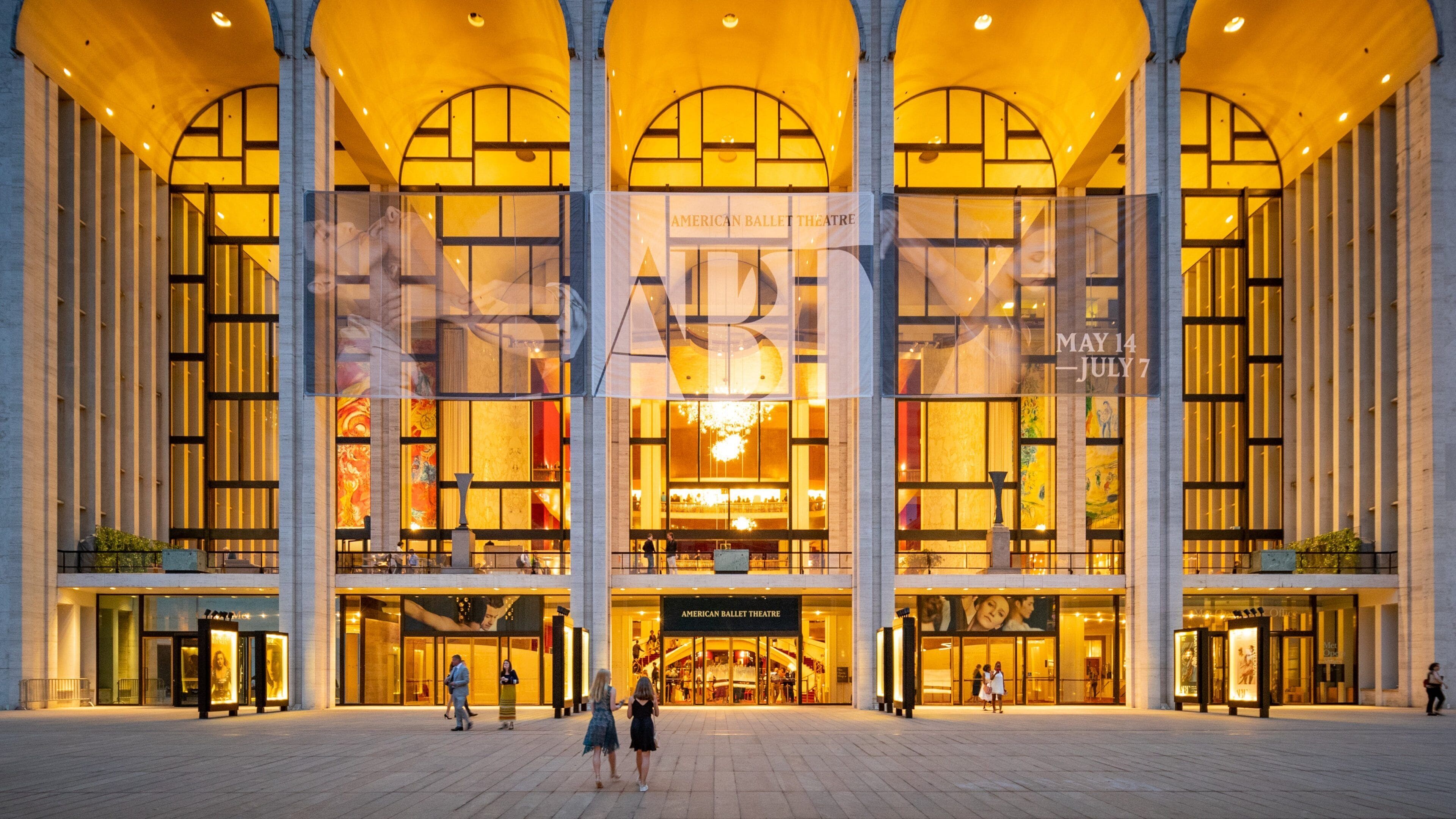 Lincoln Center which includes a square or plaza, signage and modern architecture