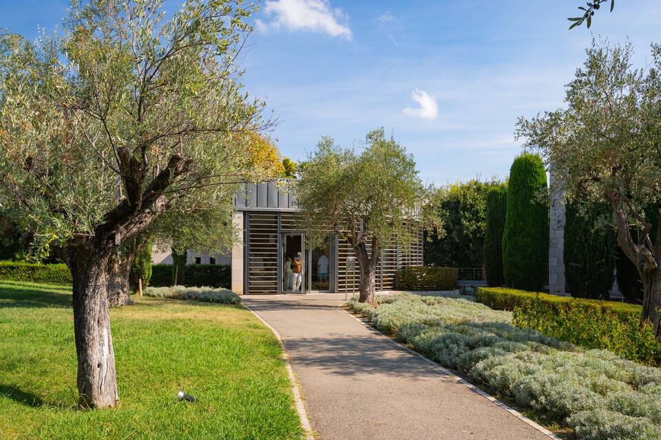 A pathway leading to a modern building with glass doors, surrounded by lush greenery and trees.