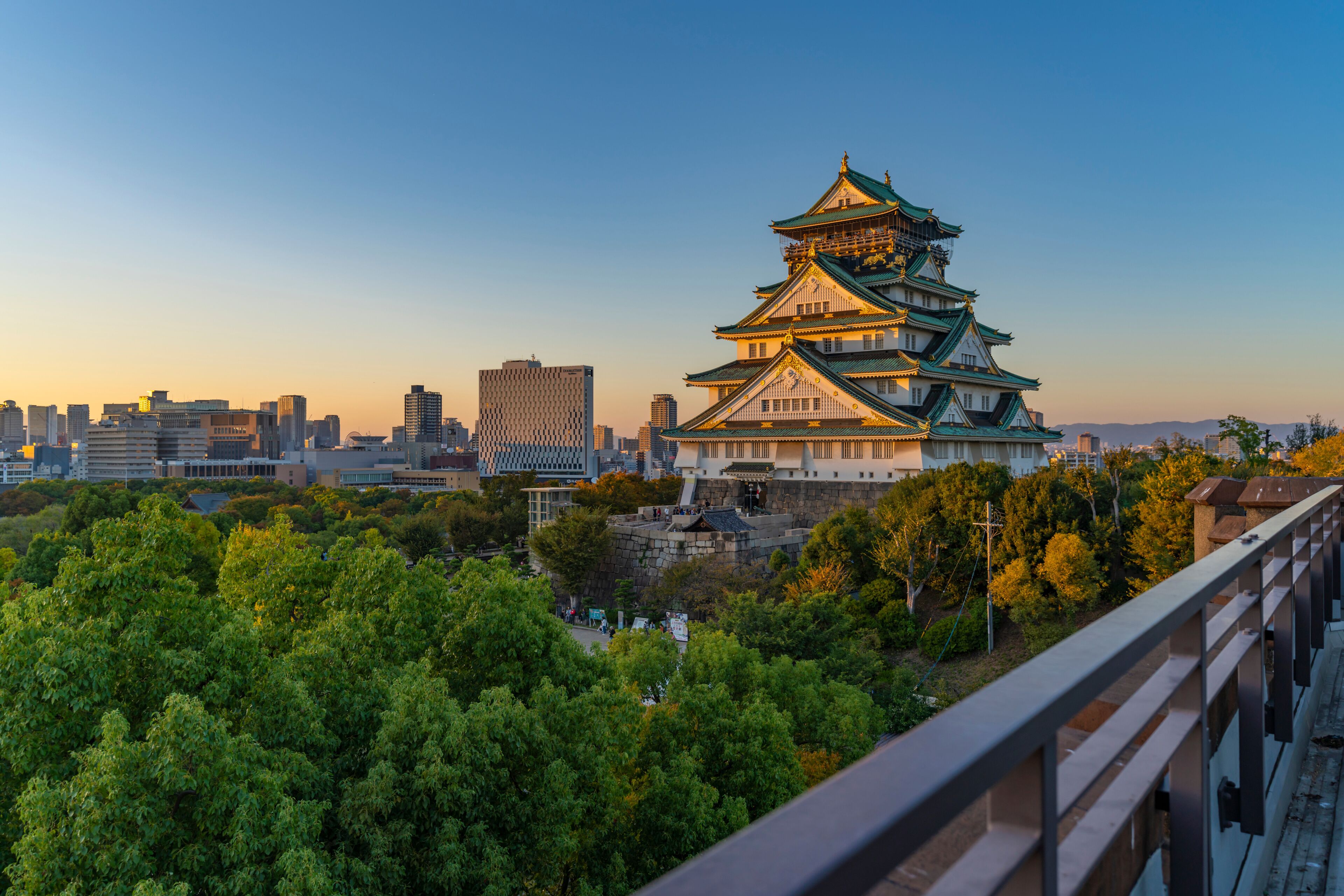 Elevated view of Osaka Castle (Osaka-jo) at sunset, Chuo Ward, Osaka, Honshu