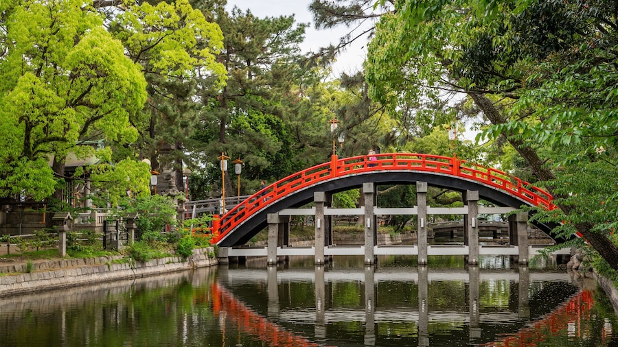 Sumiyoshi Taisha Shrine showing a bridge and a river or creek
