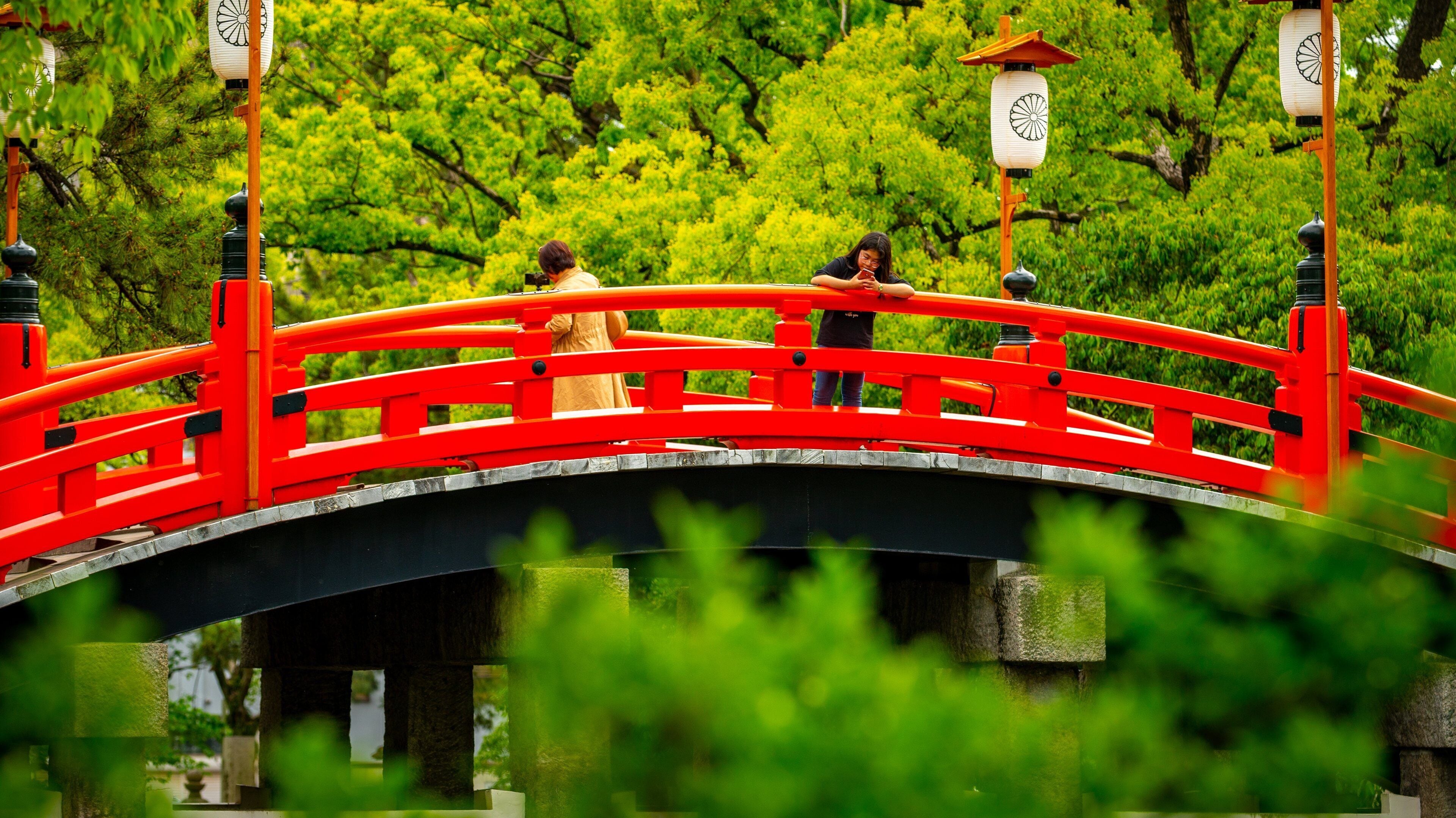 Sumiyoshi Taisha Shrine showing a bridge as well as an individual femail