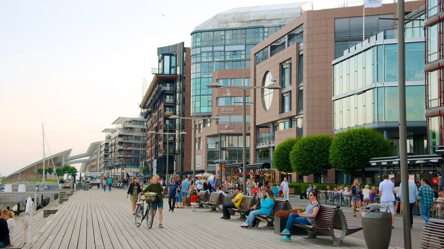 Aker Brygge which includes a coastal town and modern architecture as well as a large group of people