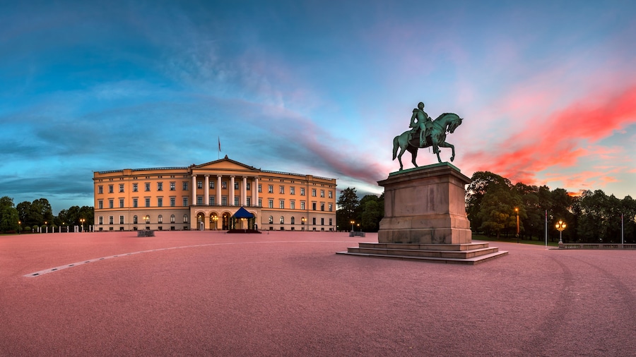 Panorama of the Royal Palace and Statue of King Karl Johan at Sunrise, Oslo, Norway