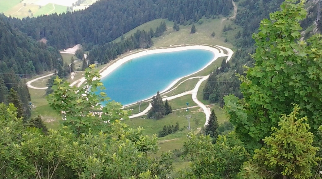 Blick vom Brauneckgipfelhaus zum östlich gelegenen Speichersee