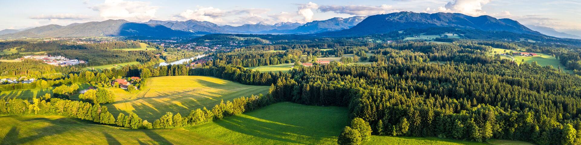 Bad Tölz, Isar Valley, Germany Bavaria. Alps Karwendel mountain. Sunset Aerial shot in June