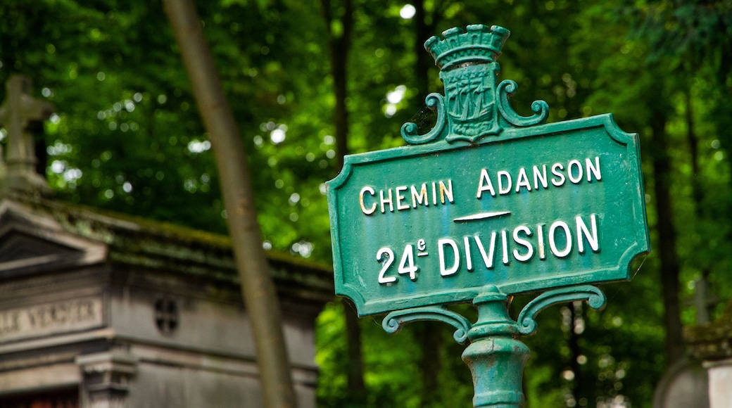 Pere Lachaise Cemetery which includes signage and heritage elements