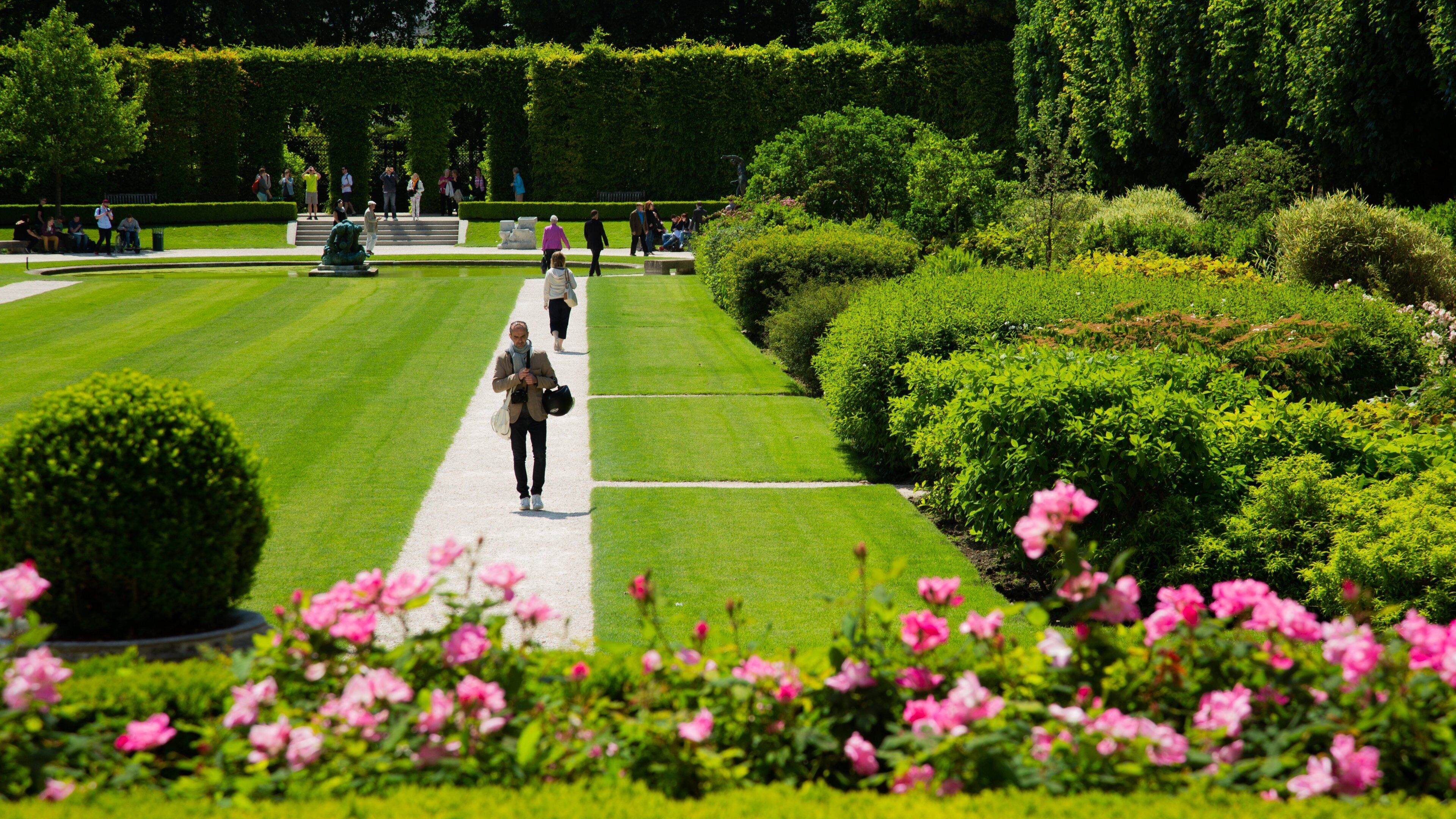 Rodin Museum showing a park and flowers as well as an individual male
