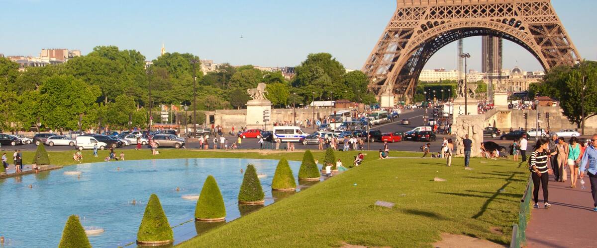 The Eiffel Tower, a large iron lattice tower, in Paris.