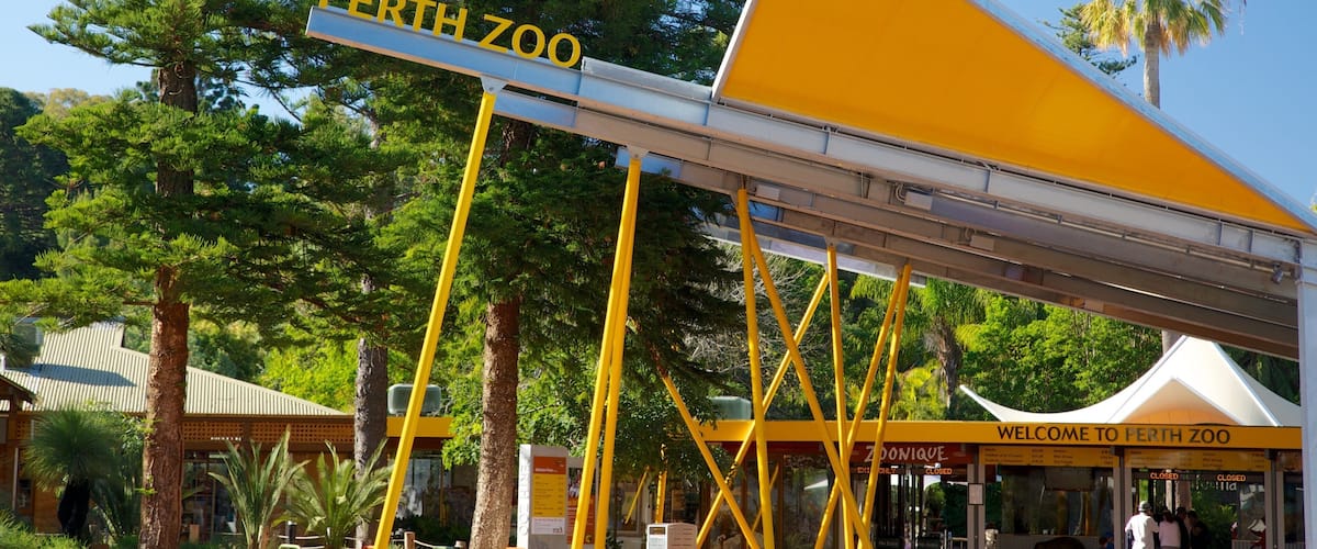 Perth Zoo which includes signage and zoo animals