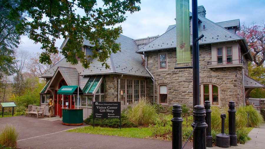 Morris Arboretum visitor center showcases beautiful stone architecture in Philadelphia, Pennsylvania during autumn