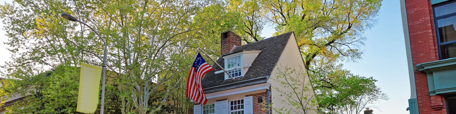 Betsy Ross house and Hanging American Flag in Philadelphia PA