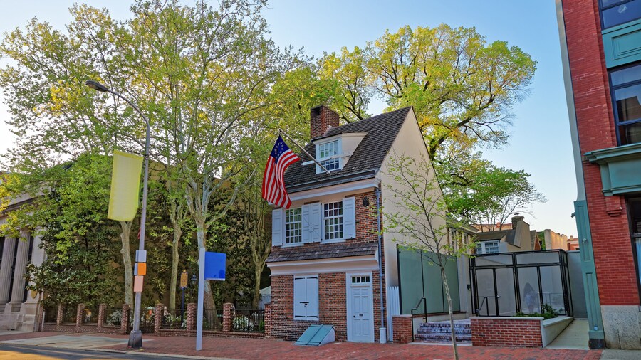 Betsy Ross house and Hanging American Flag in Philadelphia PA