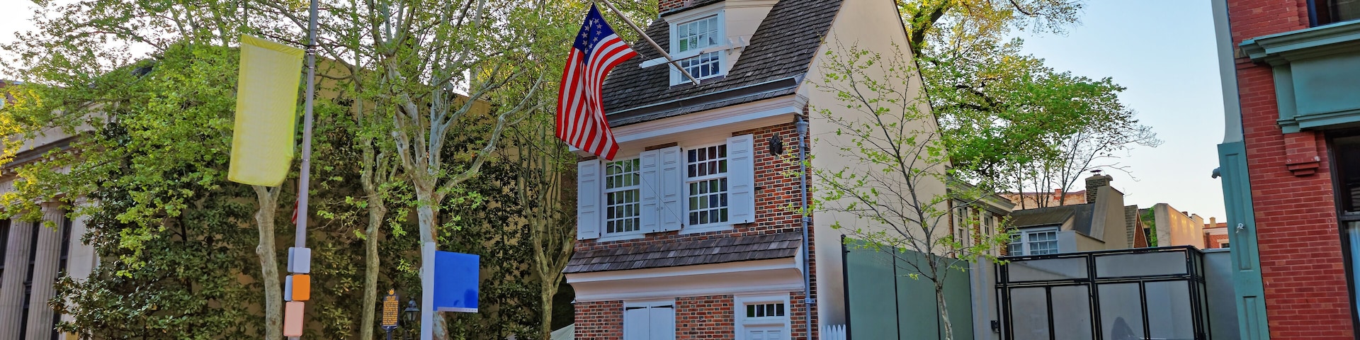 Betsy Ross house and Hanging American Flag in Philadelphia PA