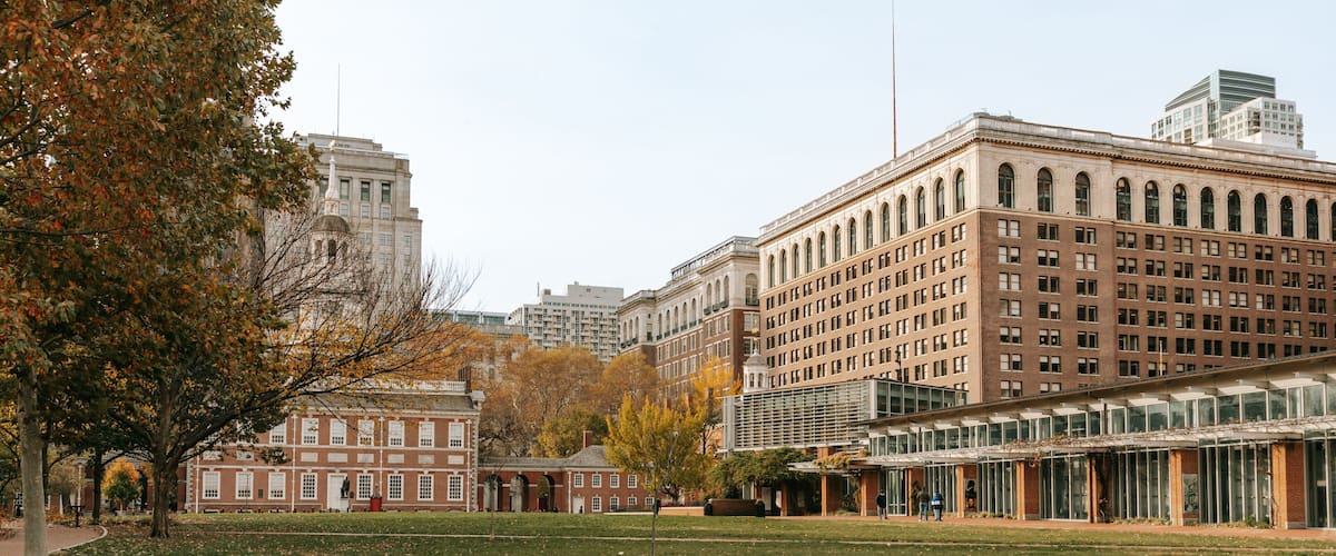 Liberty Bell Center showing a park and a city