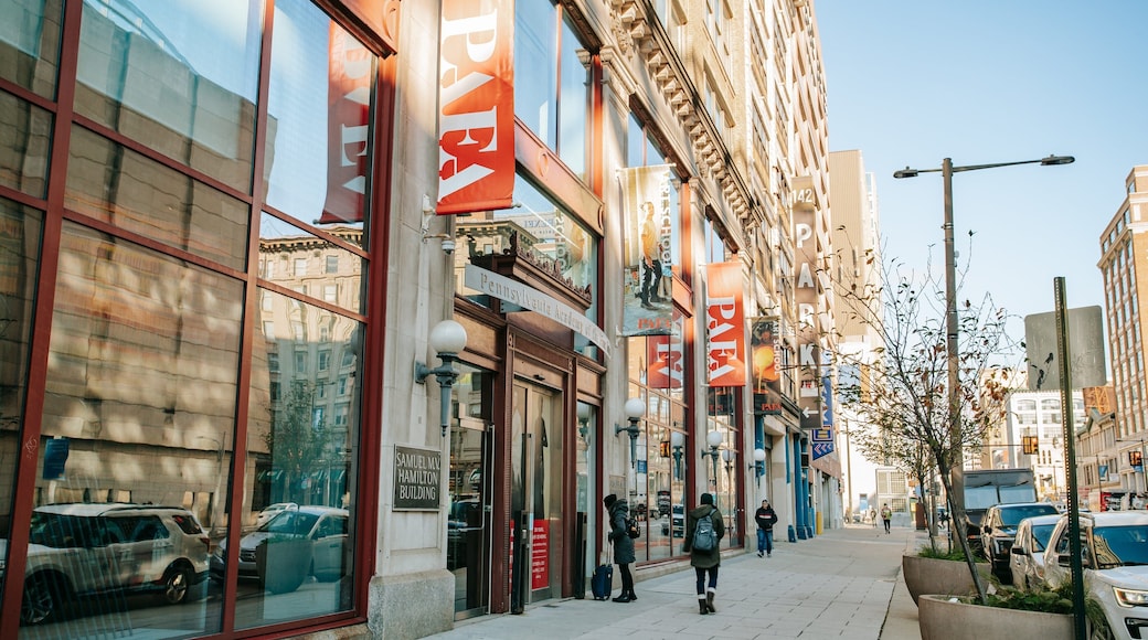 Pennsylvania Academy of the Fine Arts showing street scenes and a city