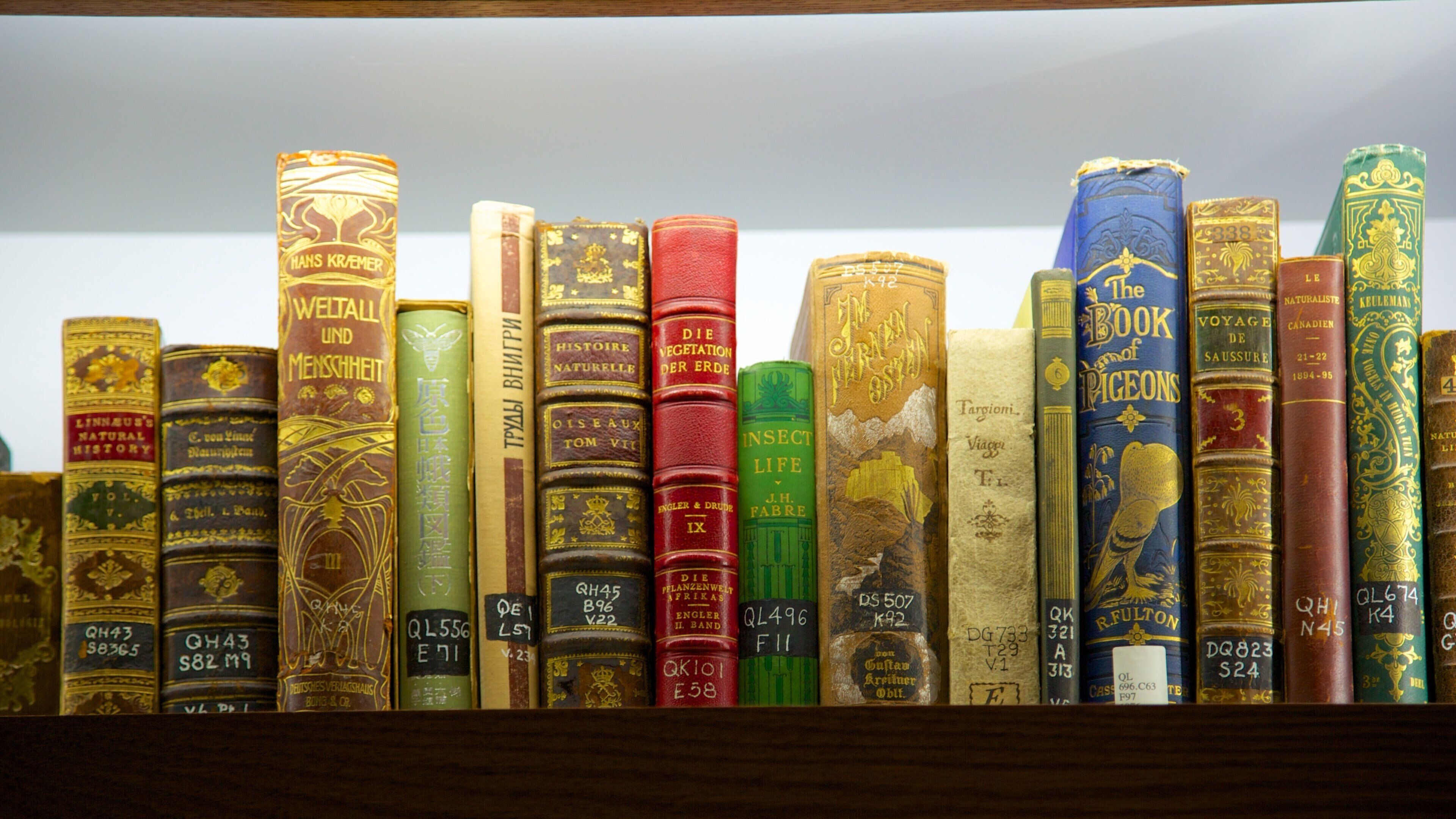 Historic collection of natural history books on display at Academy of Natural Sciences in Philadelphia, Pennsylvania