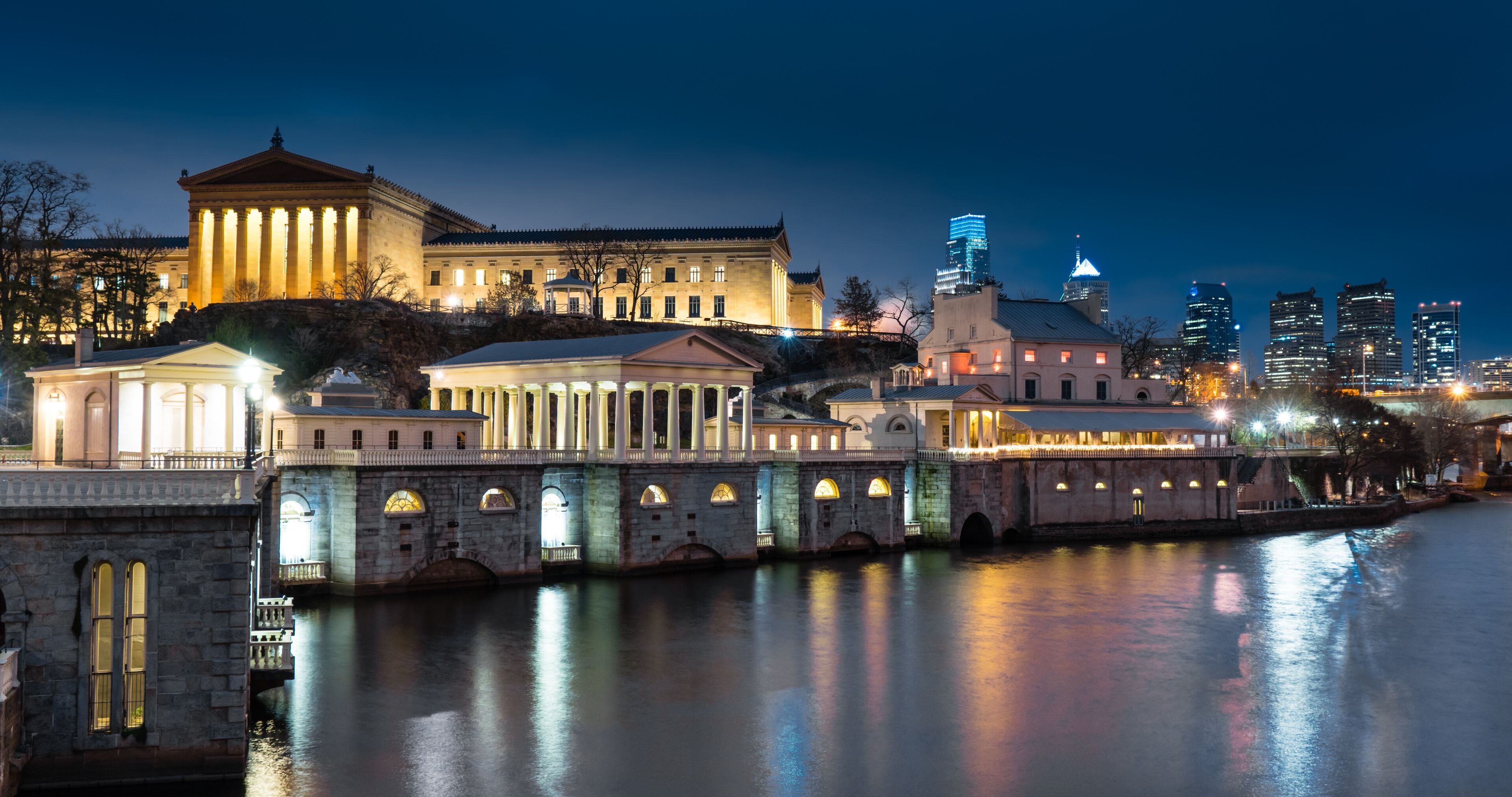Philadelphia Art Museum and Waterworks Nightscape along the Schu