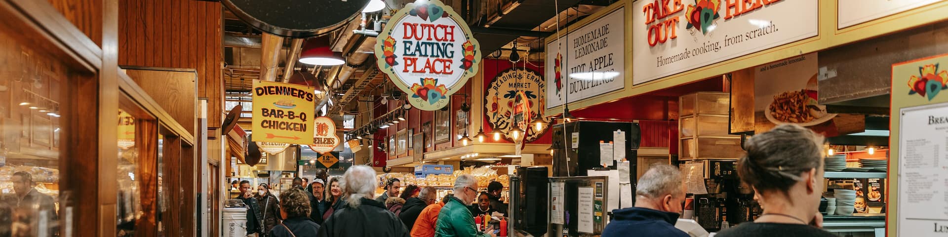 Reading Terminal Market featuring interior views, signage and markets
