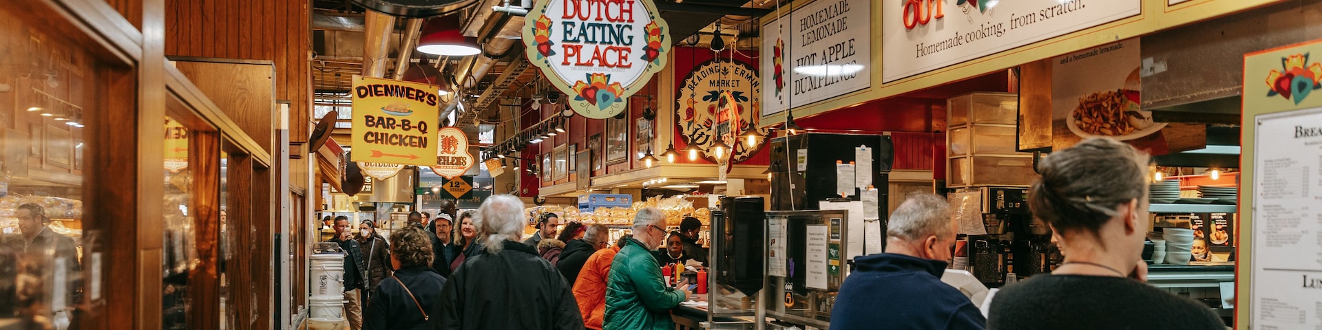 Reading Terminal Market featuring interior views, signage and markets