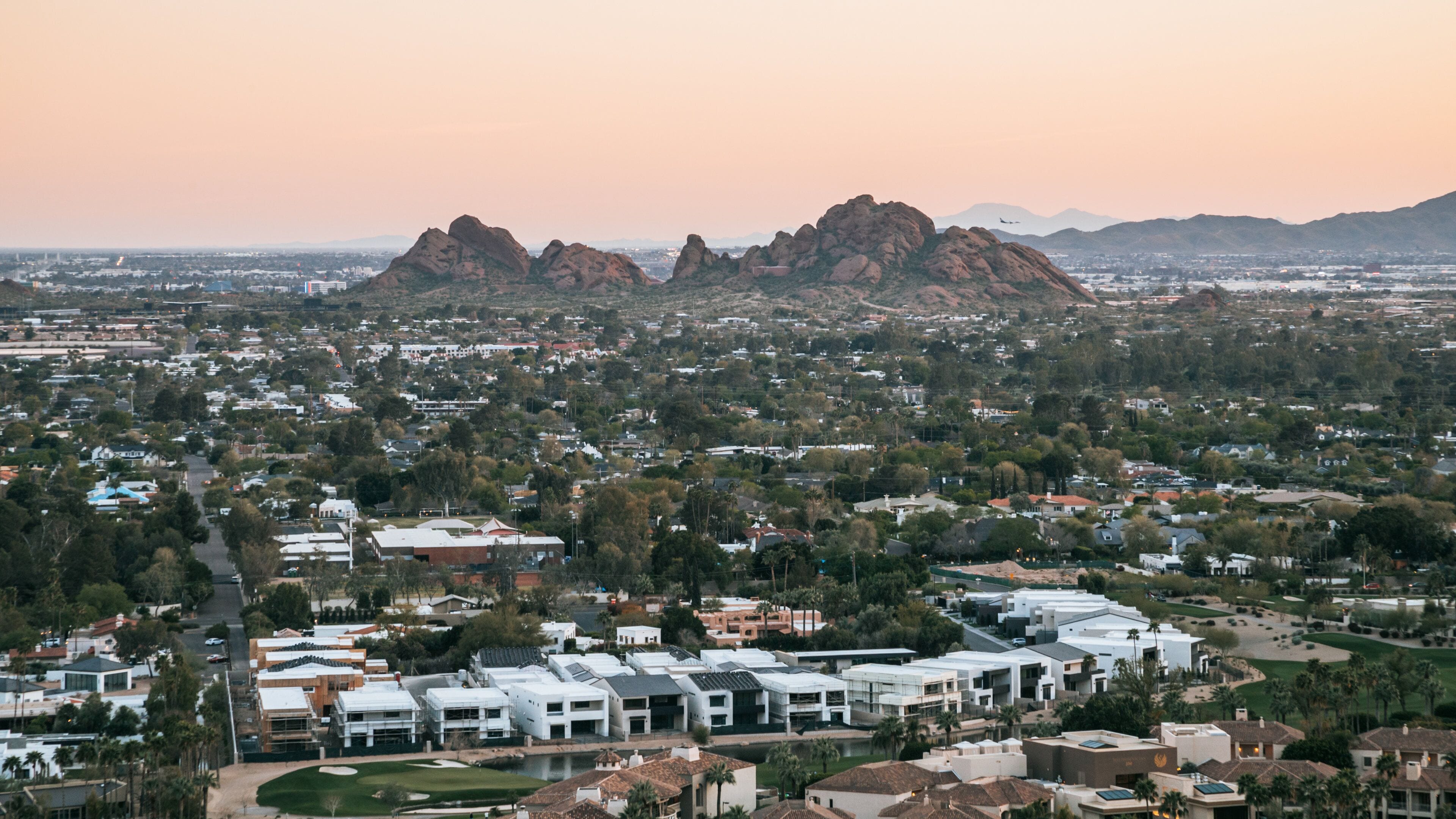 Camelback Mountain which includes a small town or village, landscape views and mountains